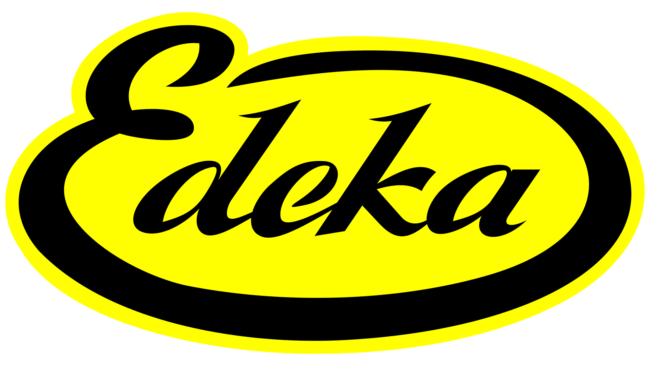 Edeka-Logo 1947 bis 1965: Im Jahr 1947 wurde die Genossenschaft Edeka Importe GmbH für das Importgeschäft gegründet. Das kleine Emblem in der linken Ecke verschwindet. Das Gelb ist nun ein kalter Zitronenton.