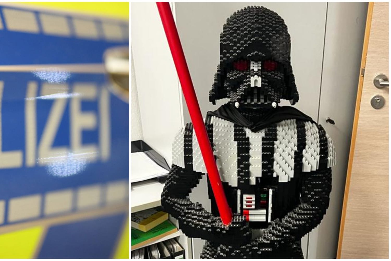 Die Polizei Hannover mit einem Ermittlungserfolg im Fall des Lego-Darth-Vaders (Montage): Im Internet stellten die Beamten den Sith-Lord sicher.