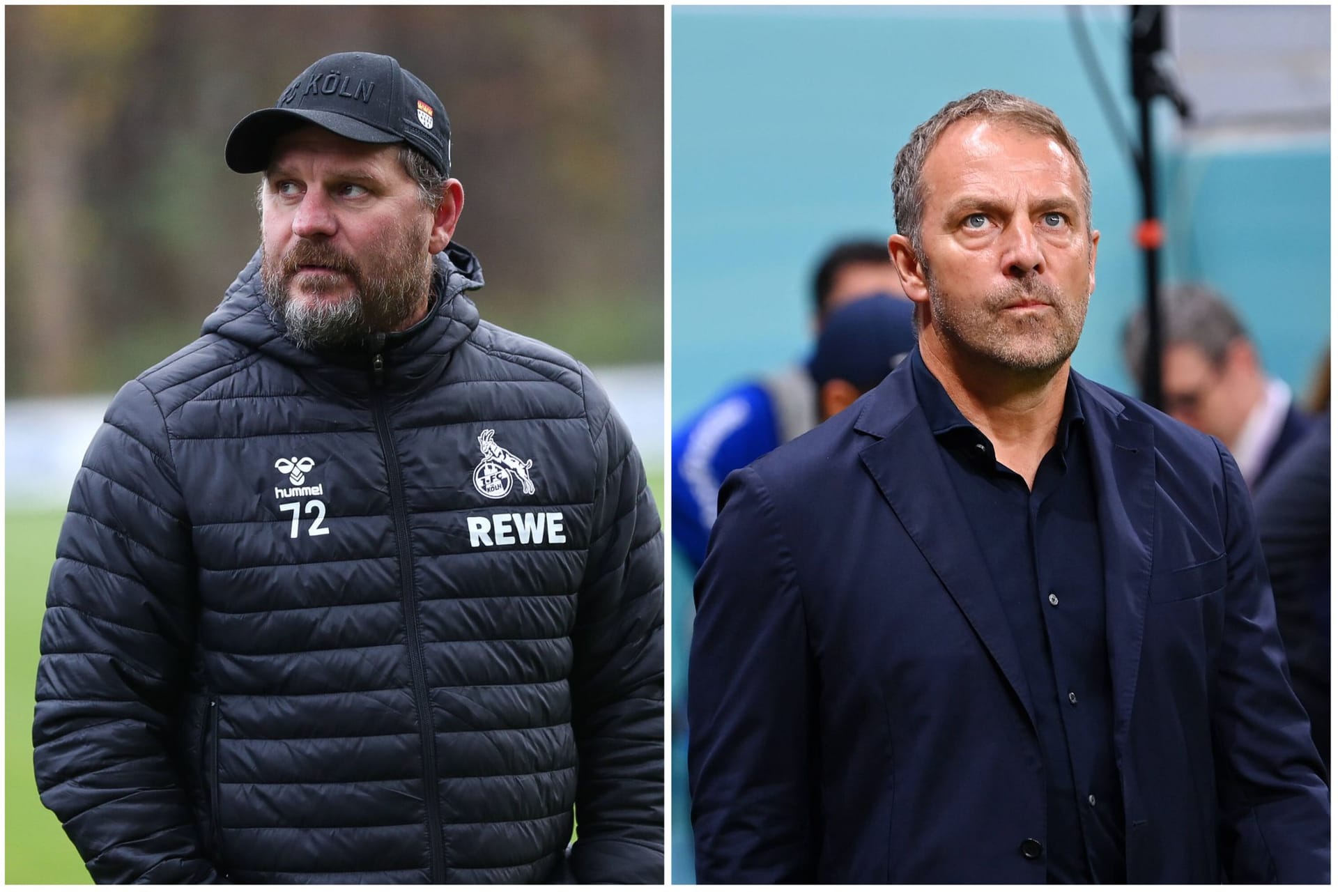 Steffen Baumgart und Hansi Flick (Collage): Der Kölner nimmt den DFB-Trainer in Schutz.