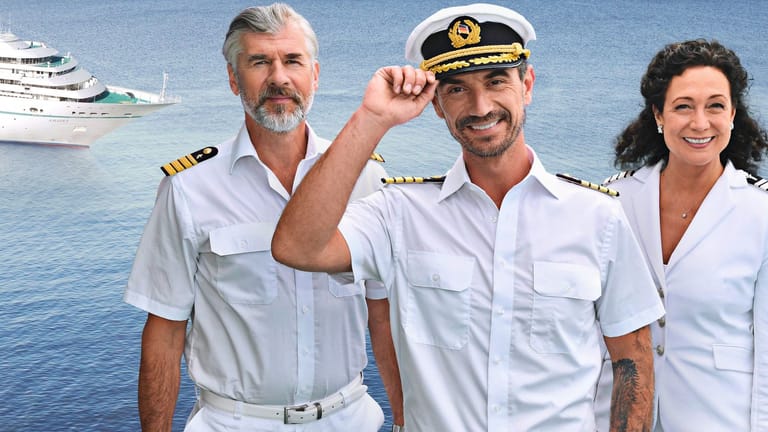 Die "Traumschiff"-Crew: Staff-Kapitän Martin Grimm (Daniel Morgenroth), Kapitän Max Parger (Florian Silbereisen) und Hoteldirektorin Hanna Liebhold (Barbara Wussow).