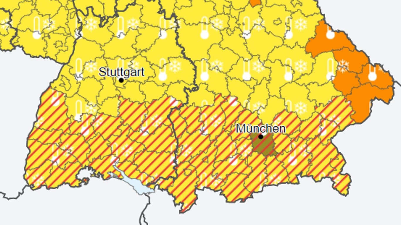 Warnkarte des Deutschen Wetterdienstes: Im ganzen Süden herrscht Glättegefahr.