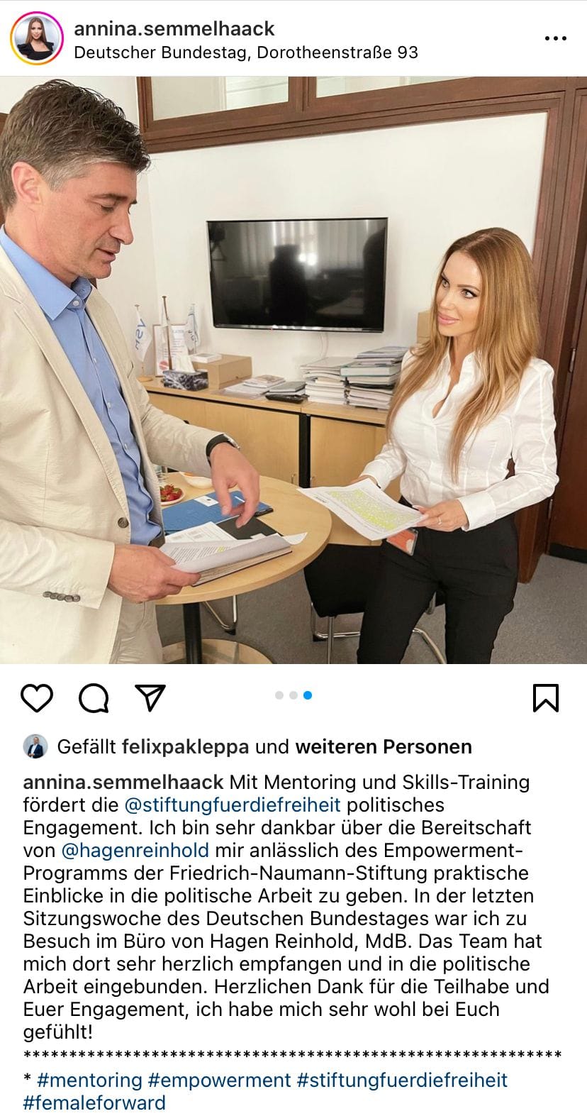 Im Juni postete Annina Semmelhaack einen Instagram-Post über ihr Praktikum beim Bundestagsabgeordneten Hagen Reinhold – inzwischen sind die beiden ein Paar.