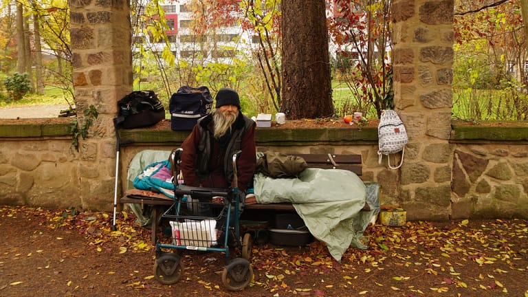 Wolfie hat seinen Platz im Stadtpark bei der Auferstehungskirche. Er gilt als der "letzte Obdachlose" in Fürth.