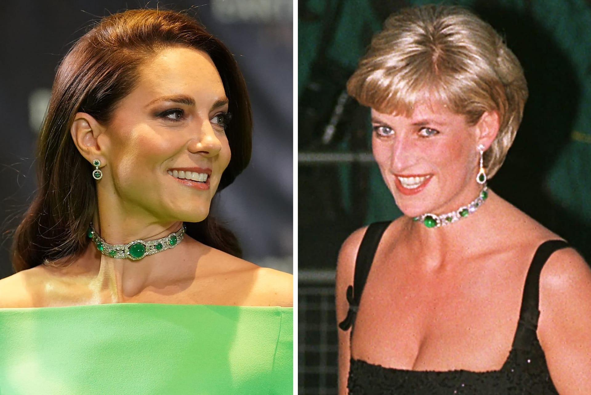 USA, Boston: Kate, Prinzessin von Wales, trägt am 02.12.2022 bei der Verleihung des Umweltpreises "Earthshot" den Halsschmuck den Diana, Prinzessin von Wales, am 01.07.1997 zu einer Veranstaltung in der Tate Gallery trug.