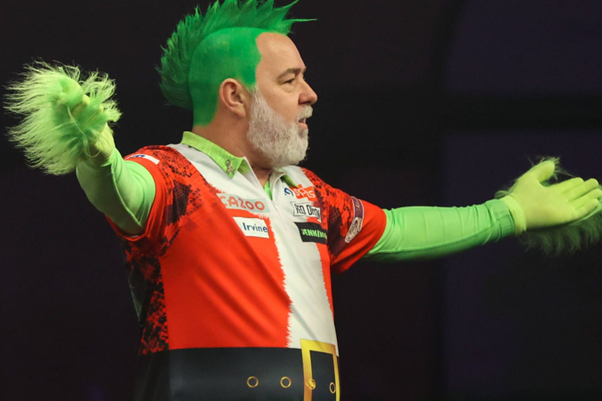 Peter Wright: Der Titelverteidiger kam zu seinem ersten Match im Grinch-Kostüm.