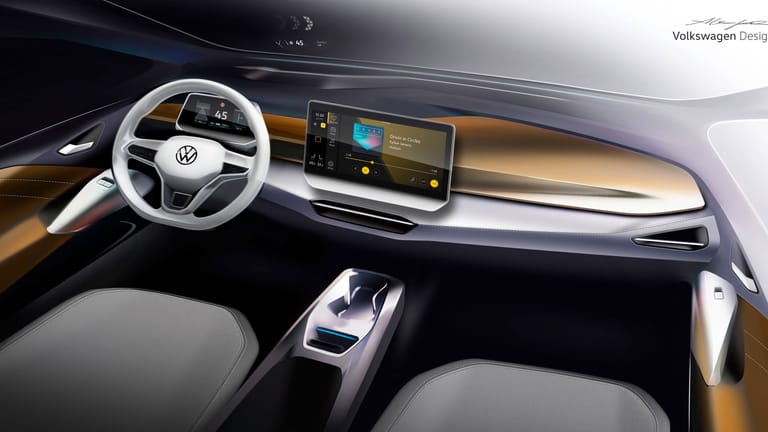 Designskizze: Die Grundform des Cockpits bleibt erhalten – VW verspricht aber bessere Materialien, einen größeren Bildschirm in der Mitte und eine serienmäßige Mittelkonsole.