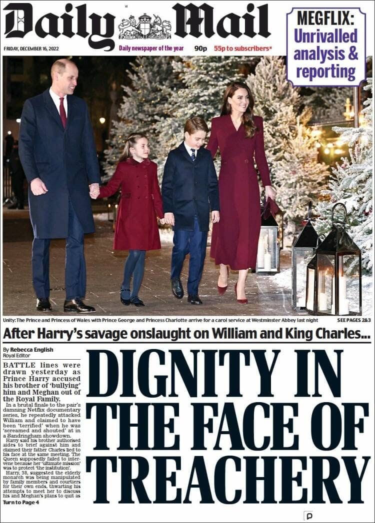 "Würde im Angesicht des Verrats": So sah das Titelblatt der "Daily Mail" am Freitag, dem 16. Dezember 2023 aus.