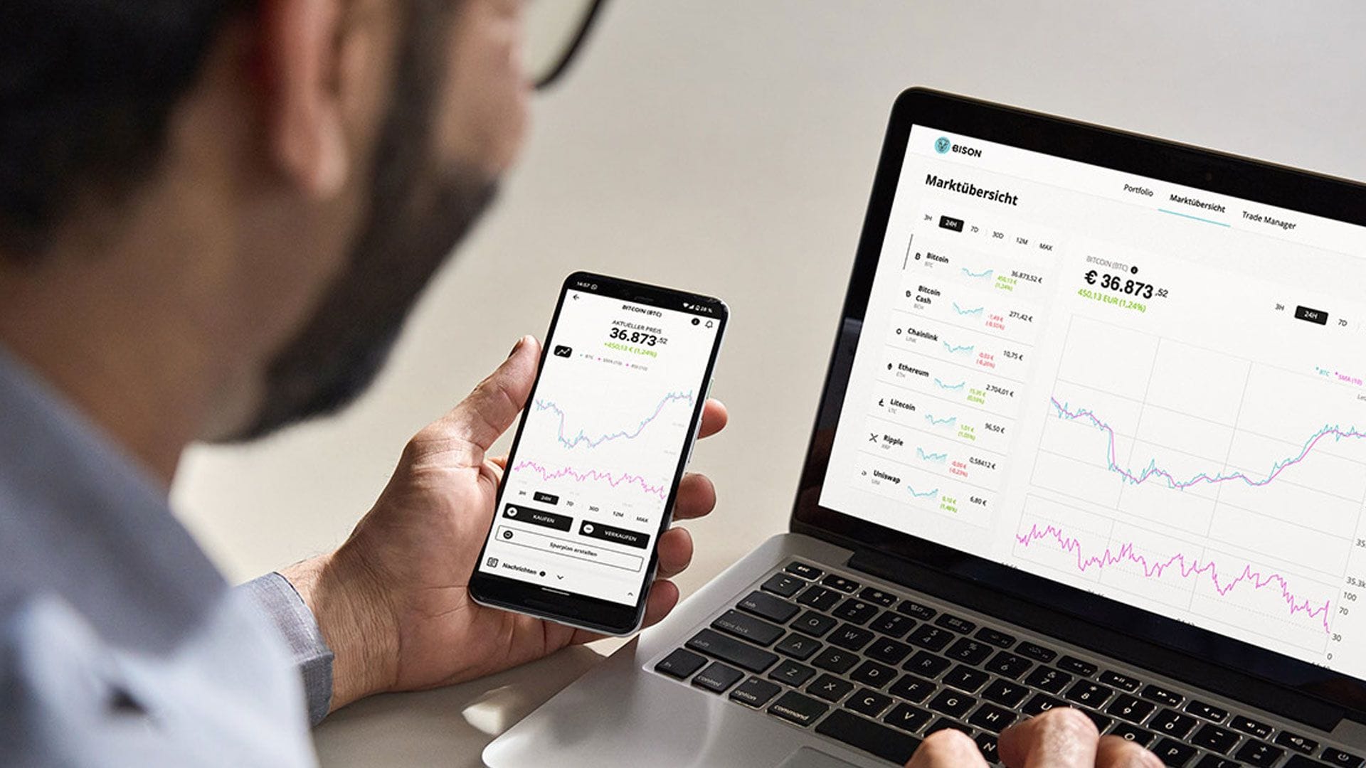 Die BISON-App ist nicht nur leicht zu bedienen, sie bietet Ihnen auch ganze 17 Kryptowährungen, die Sie gebührenfrei und zuverlässig handeln können