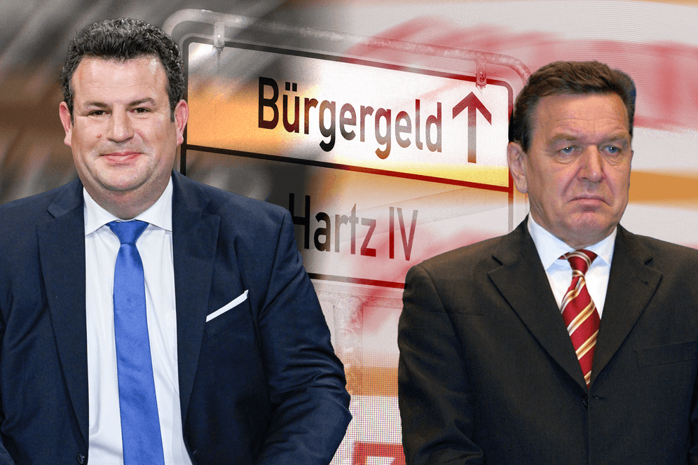 Bundesarbeitsminister Hubertus Heil (l.) ist stolz auf das Bürgergeld, welches Hartz IV – eingeführt von Ex-Bundeskanzler Gerhard Schröder (r.) – ablöst.