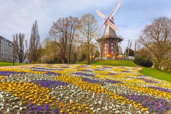 Windmühle in den Bremer Wallanlagen (Archivfoto): Die Hansestadt kam 2022 auf fast 2.000 Sonnenstunden.
