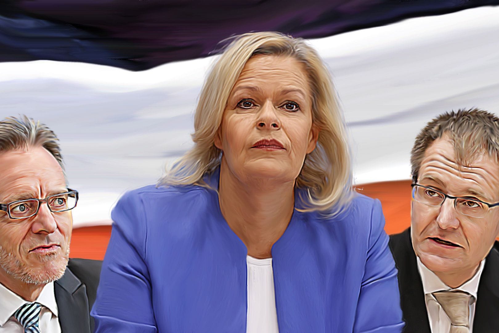 Innenministerin Nancy Faeser (SPD), BKA-Präsident Holger Münch (links) und Generalbundesanwalt Peter Frank: In ihren Behörden gab es ein Leck. Quelle: t-online/Illustration