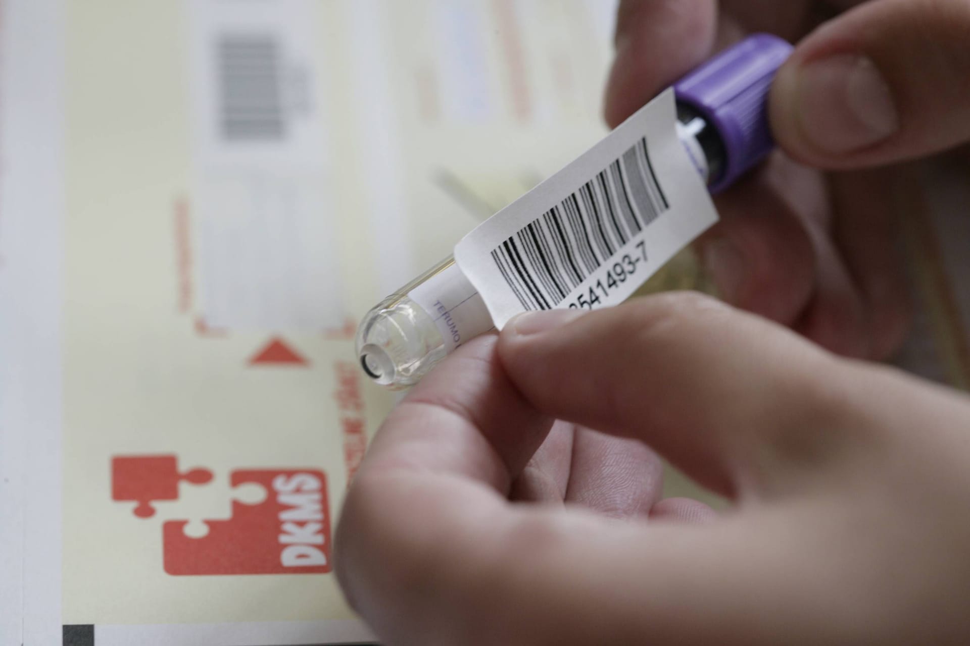 Mitarbeiterin der DKMS klebt einen Barcode auf eine Ampulle für eine Blutprobe (Archivbild): Eine Typisierungsaktion sollte bei der Suche nach einem Stammzellenspender helfen.