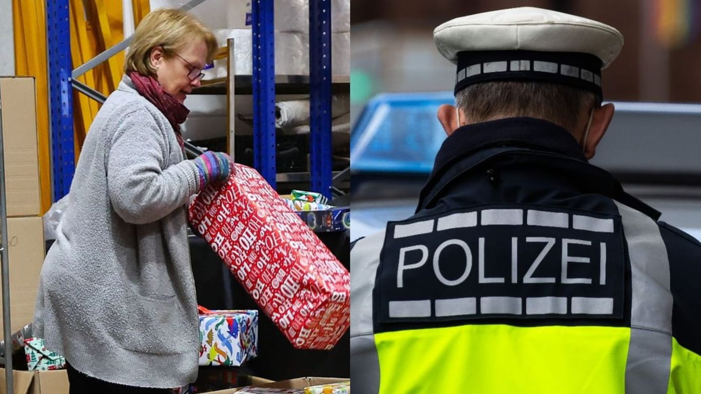 Verpackte Geschenke und ein Polizist im Einsatz (Symbolfotos): Es war der zweite Einbruch innerhalb weniger Tage.