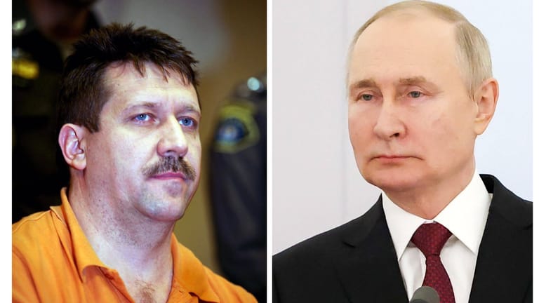 Wiktor But, kurz nach seiner Verhaftung im Jahr 2008, und Russlands Machthaber Wladimir Putin.
