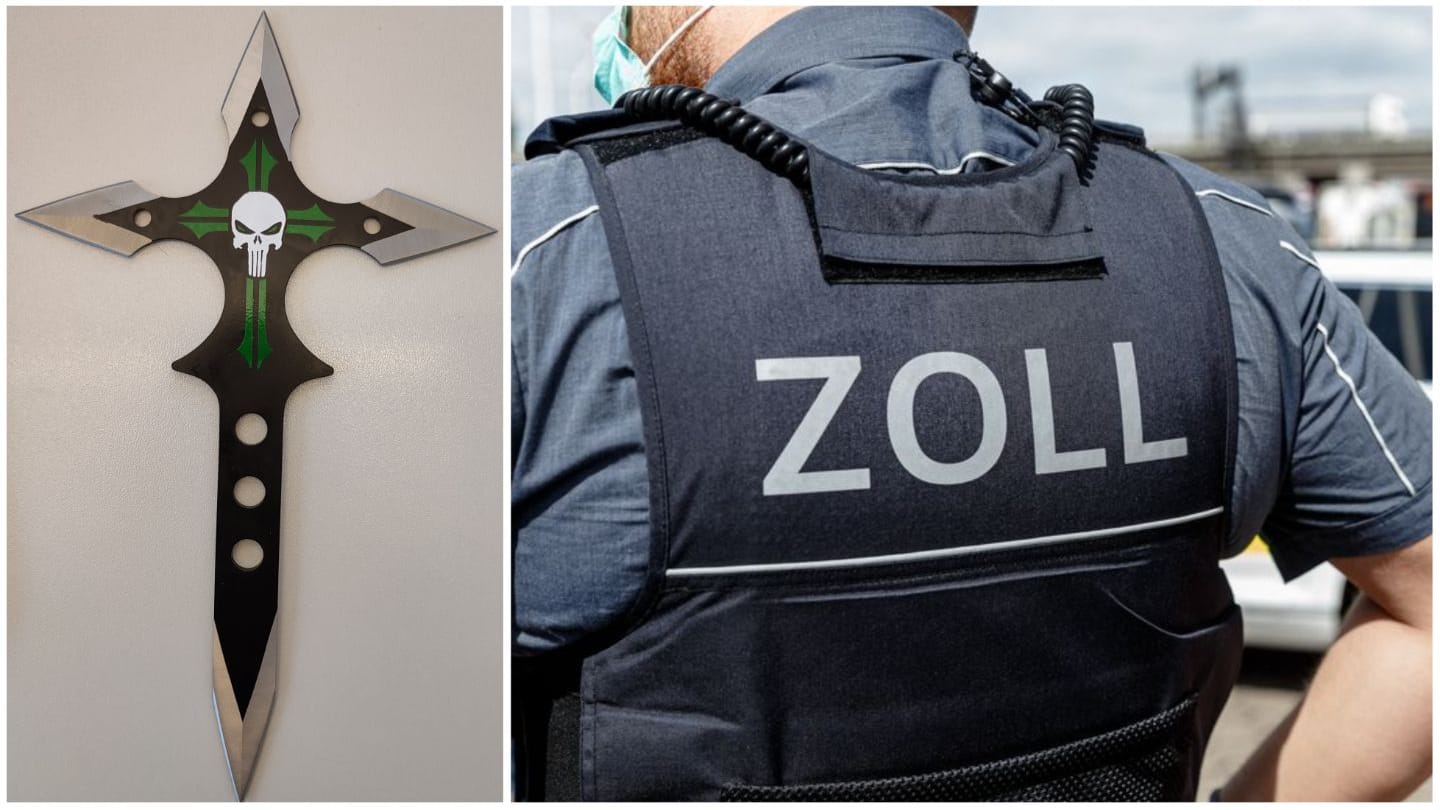Die Wurfsterne (links) fanden Beamte des Zolls in einer Lieferung aus Asien. Die Wurfsterne (links) fanden Beamte des Zolls in einer Lieferung aus Asien.