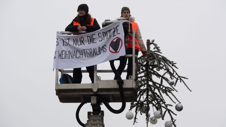 Zwei Aktivisten entrollten ein Transparent: Außerdem entfernten sie die Spitze des Weihnachtsbaums.
