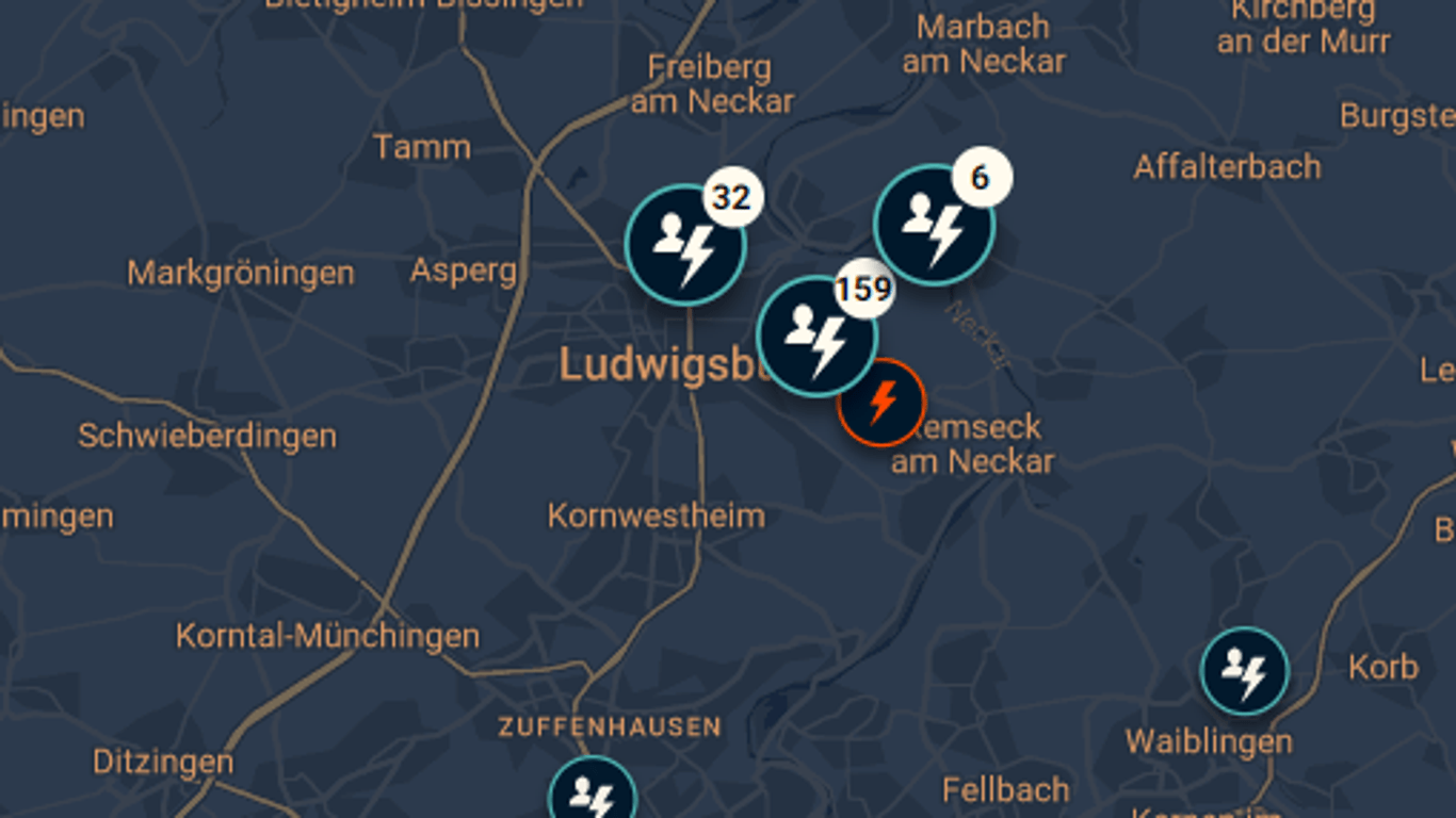 Karte mit Störungen im Stromnetz am Dienstagabend in Ludwigsburg.