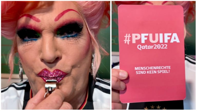 Dragqueen Oliva Jones zeigt der Fifa die selbst gestaltete Rote Karte: Mit dem Wortspiel "Pfuifa" kritisiert sie die Fußball-WM in Katar.