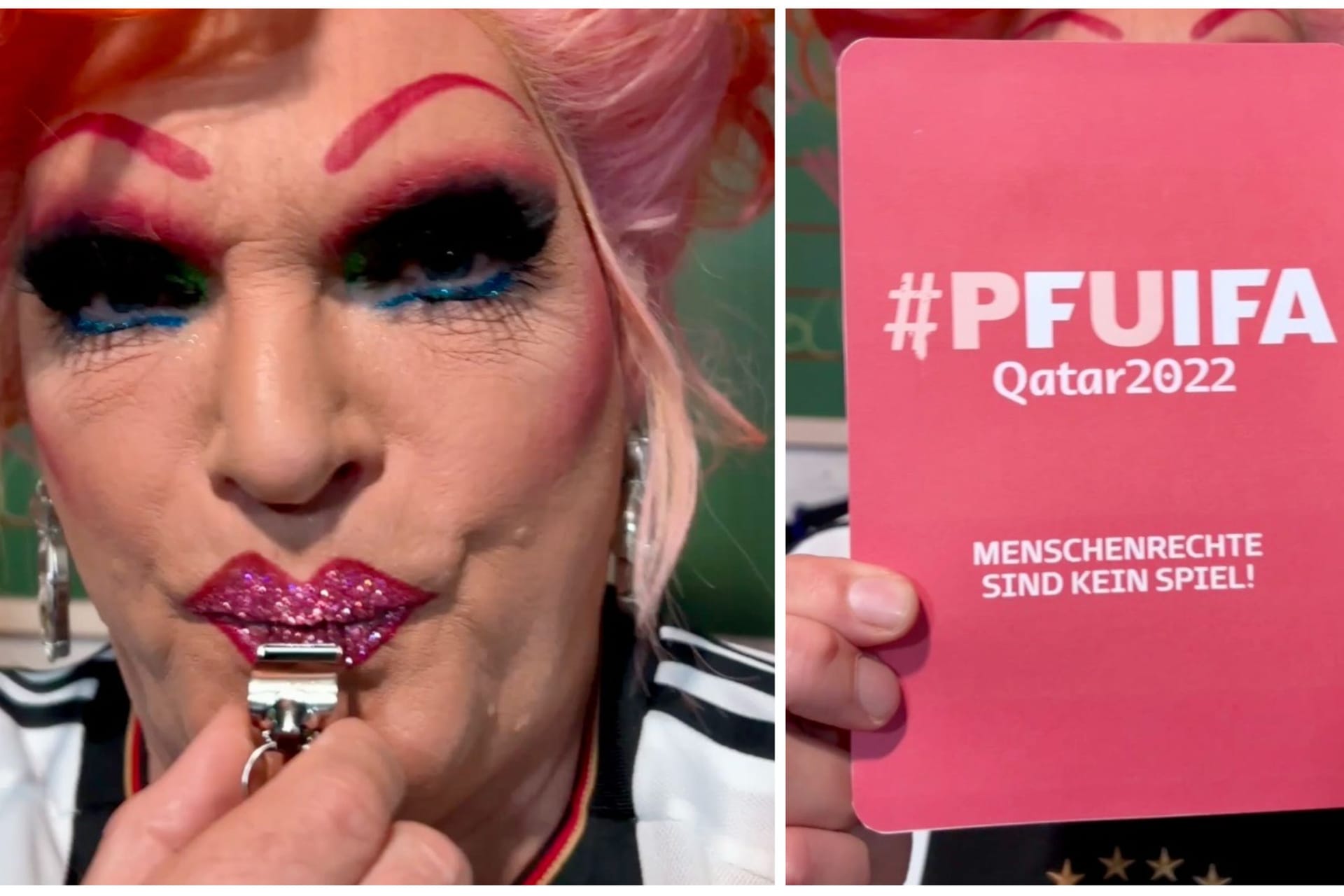 Dragqueen Oliva Jones zeigt der Fifa die selbst gestaltete Rote Karte: Mit dem Wortspiel "Pfuifa" kritisiert sie die Fußball-WM in Katar.