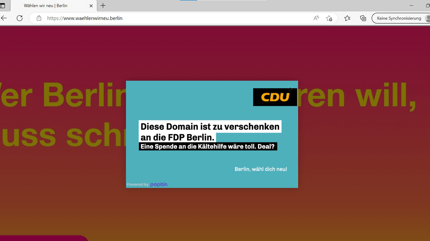 "Wer Berlin digitalisieren will, muss schneller sein": Auch die Seite mit FDP-Slogan will die CDU an die Partei geben - ebenfalls gegen eine Spende an die Kältehilfe.
