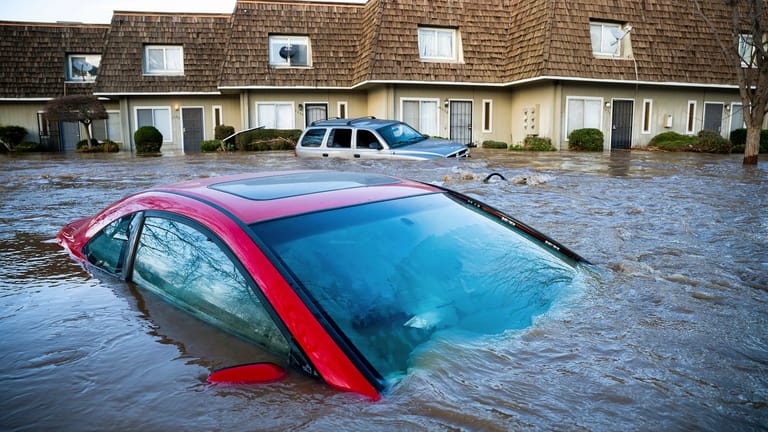 Ein Auto steht in einer überfluteten Straße: Kalifornien erlebt derzeit eine dritte Woche schwerer Winterstürme.