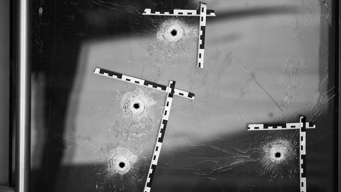Einschusslöcher in einer Fensterscheibe (Symbolfoto): Mehrere Kugeln durchdrangen die Eingangstür des Hauses.