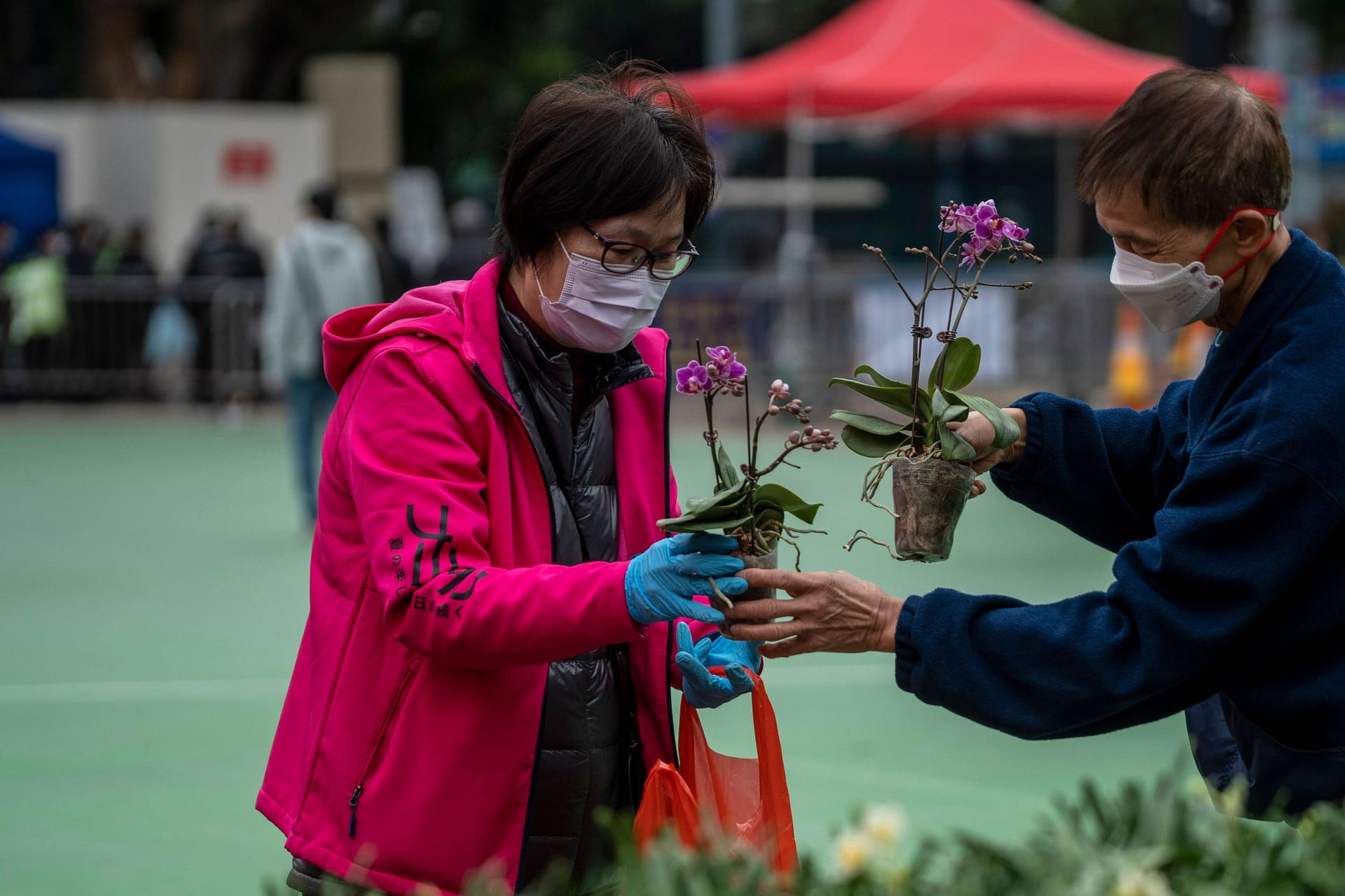 Zwei Personen an einem Marktstand (Symbolbild). Das Gegenteil von blühend: China verfehlt das angestrebte Wirtschaftswachstum für 2022.