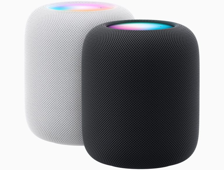 Der neue HomePod in Weiß und Schwarz.