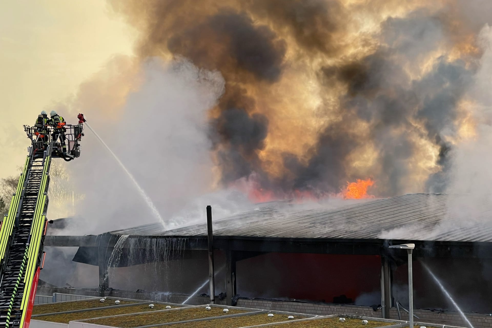 Feuerwehrleute versuchen das Feuer zu löschen: Wegen der starken Rauchentwicklung zunächst keine Züge mehr auf der Strecke zwischen Königstein und Frankfurt-Höchst fahren.