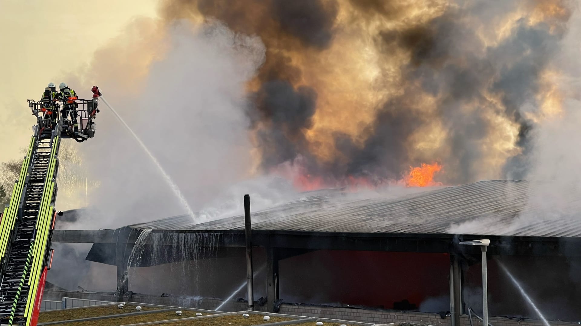 Feuerwehrleute versuchen das Feuer zu löschen: Wegen der starken Rauchentwicklung zunächst keine Züge mehr auf der Strecke zwischen Königstein und Frankfurt-Höchst fahren.