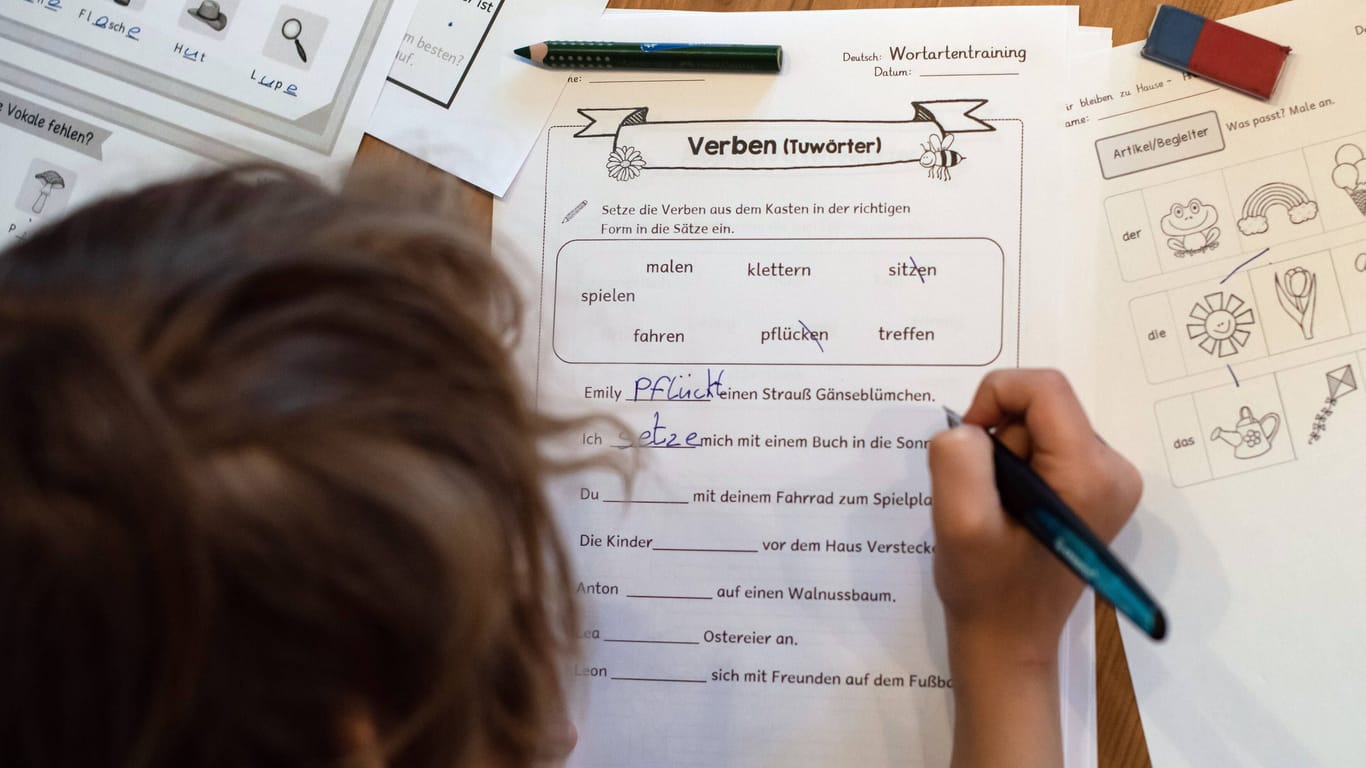 Ein Junge füllt ein Arbeitsblatt aus (Symbolbild): Die sechste Klasse sollte unter anderem Szenarien Begriffen zuordnen.