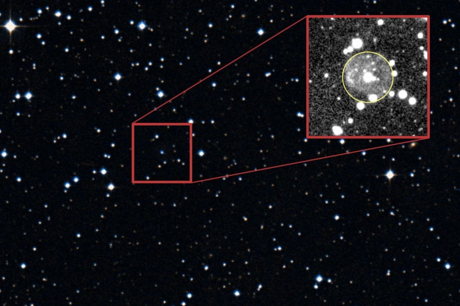 Der hervorgehobene Teil des Bildes zeigt einen der neu entdeckten superheißen Sterne samt dem planetarischen Nebel, der ihn umgibt.