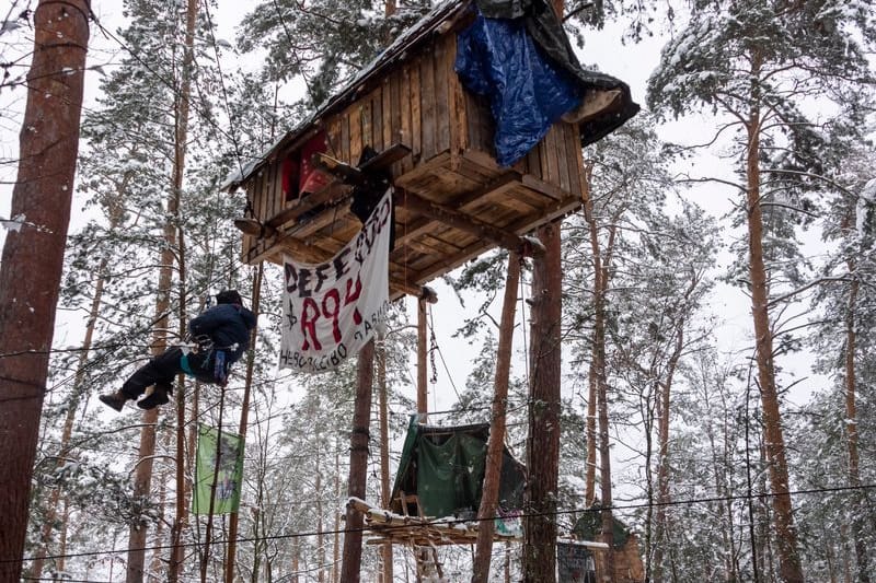 Klimaaktivisten besetzen ein Waldstück in Ottendorf-Okrilla. Die Aktion steht unter dem Motto "Heibo bleibt!".