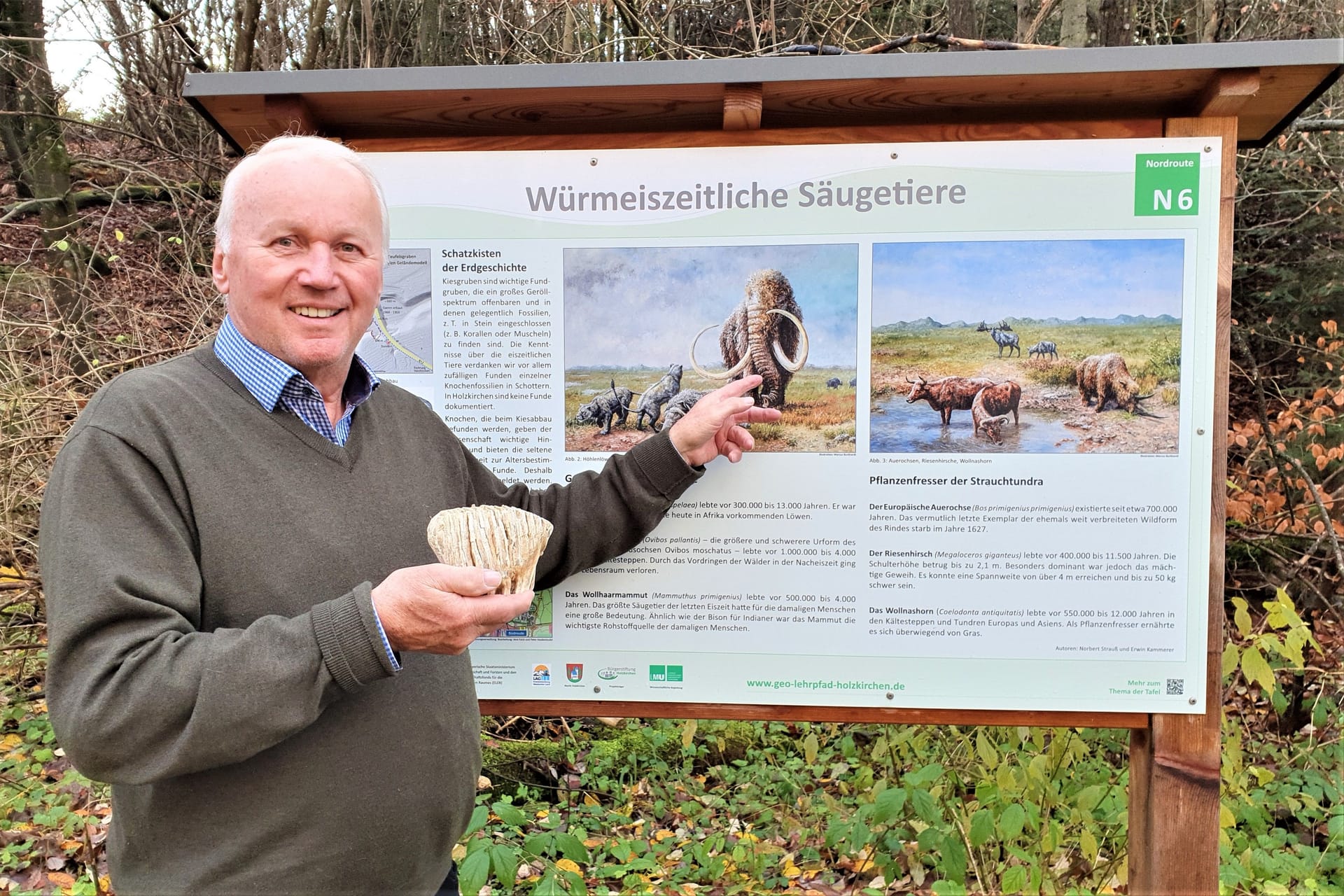 Willibald Braun präsentiert seinen Zahnfund an der Tafel des Geo-Lehrpfades in Holzkirchen. (Archivbilder): Dass die Tiere auch dort lebten, wo lange ein Gletscher war, hatte man bisher nicht vermutet.