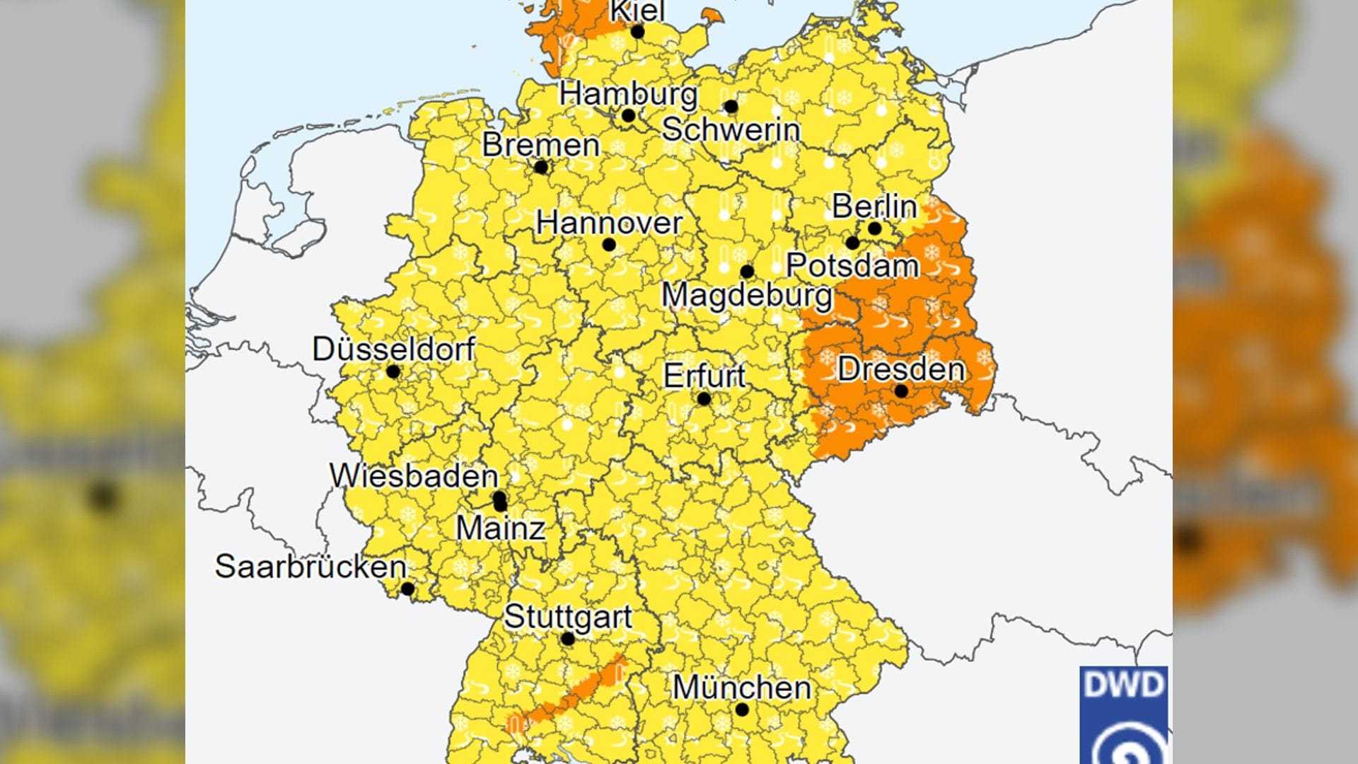 Wetterwarnkarte: Vor allem im Osten der Republik besteht Unfallgefahr.