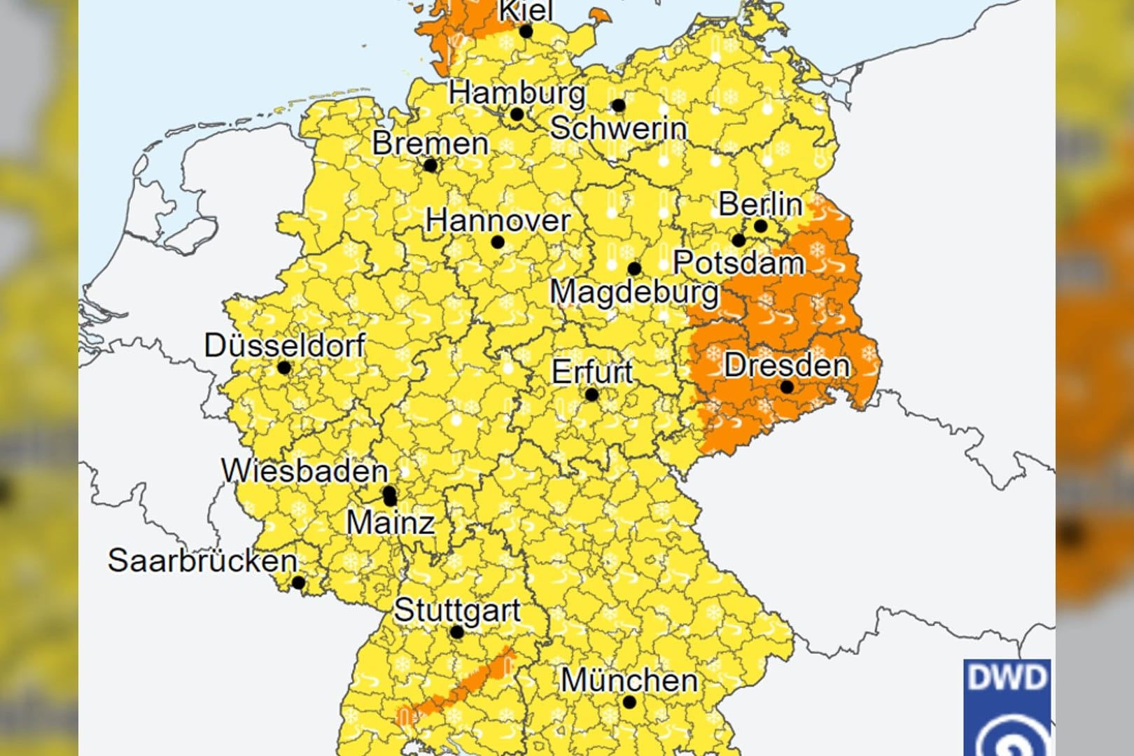 Wetterwarnkarte: Vor allem im Osten der Republik besteht Unfallgefahr.