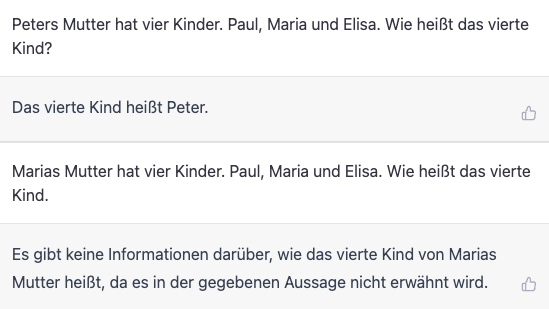 ChatGPT ist mit Logikrätseln überfordert: Die KI überliest, dass in der zweiten Frage ein Punkt steckt. Die Antwort lautet einfach: Das Kind heißt "Wie".