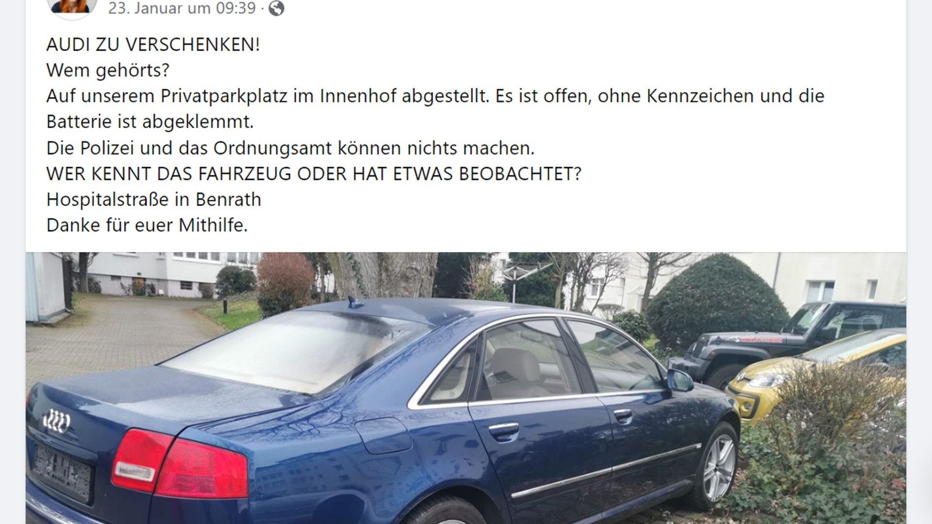 Der Beitrag bei Facebook: Gebracht hat die Annonce bisher allerdings noch nichts. Der Beitrag bei Facebook: Gebracht hat die Annonce bisher allerdings noch nichts.