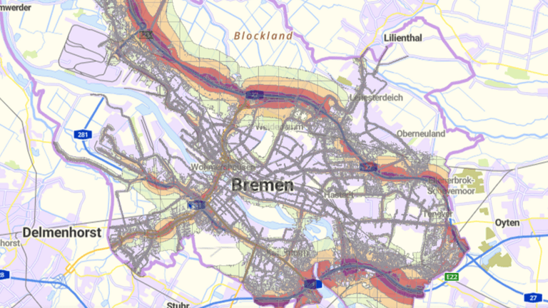 Verkehrslärm am Tag: Die Autobahnen 1, 27 und 281 sorgen für einen Lärm-Habkreis rund um Bremen.