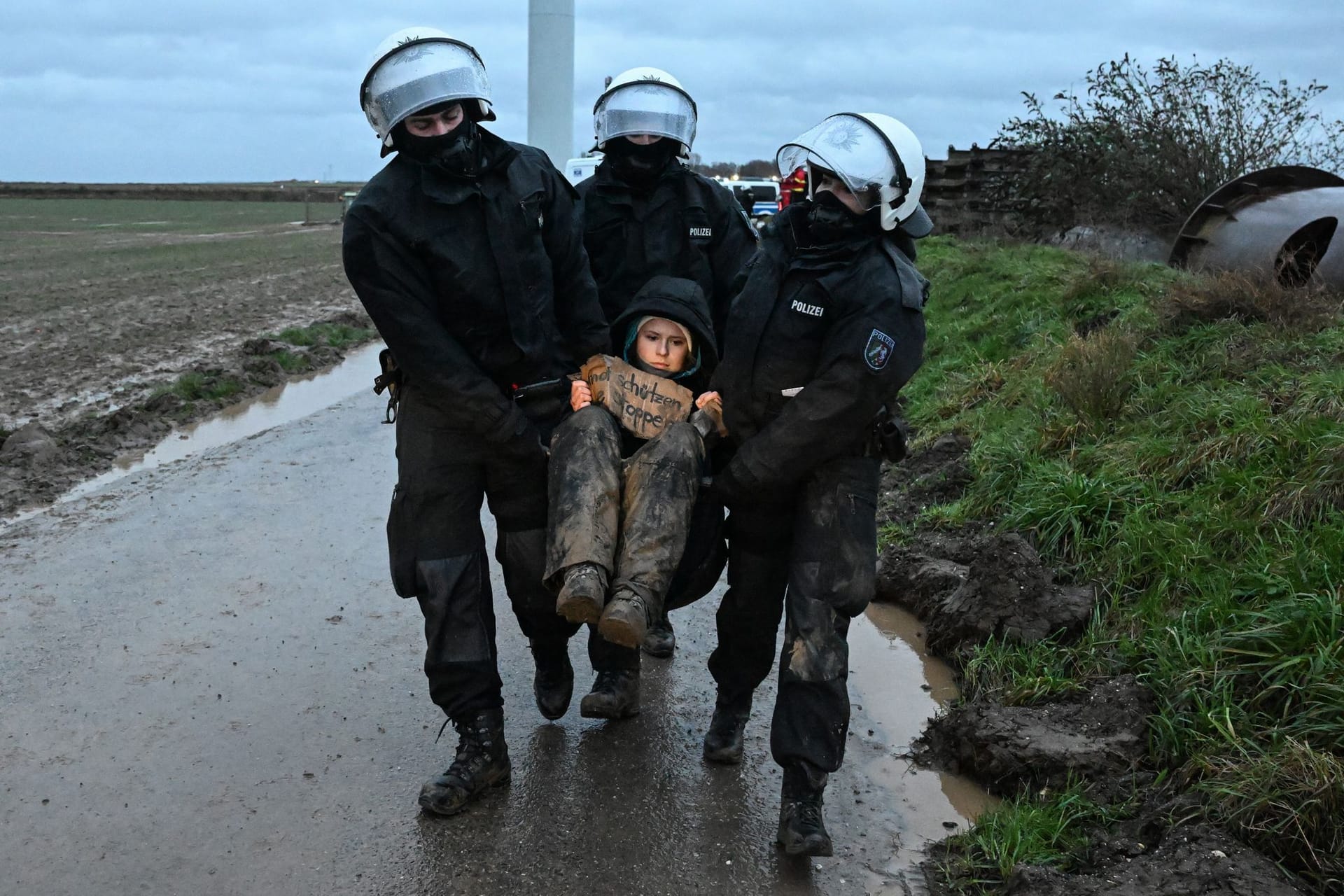 Umweltaktivistin Luisa Neubauer wird von Polizisten während einer Sitzblockade weggetragen.