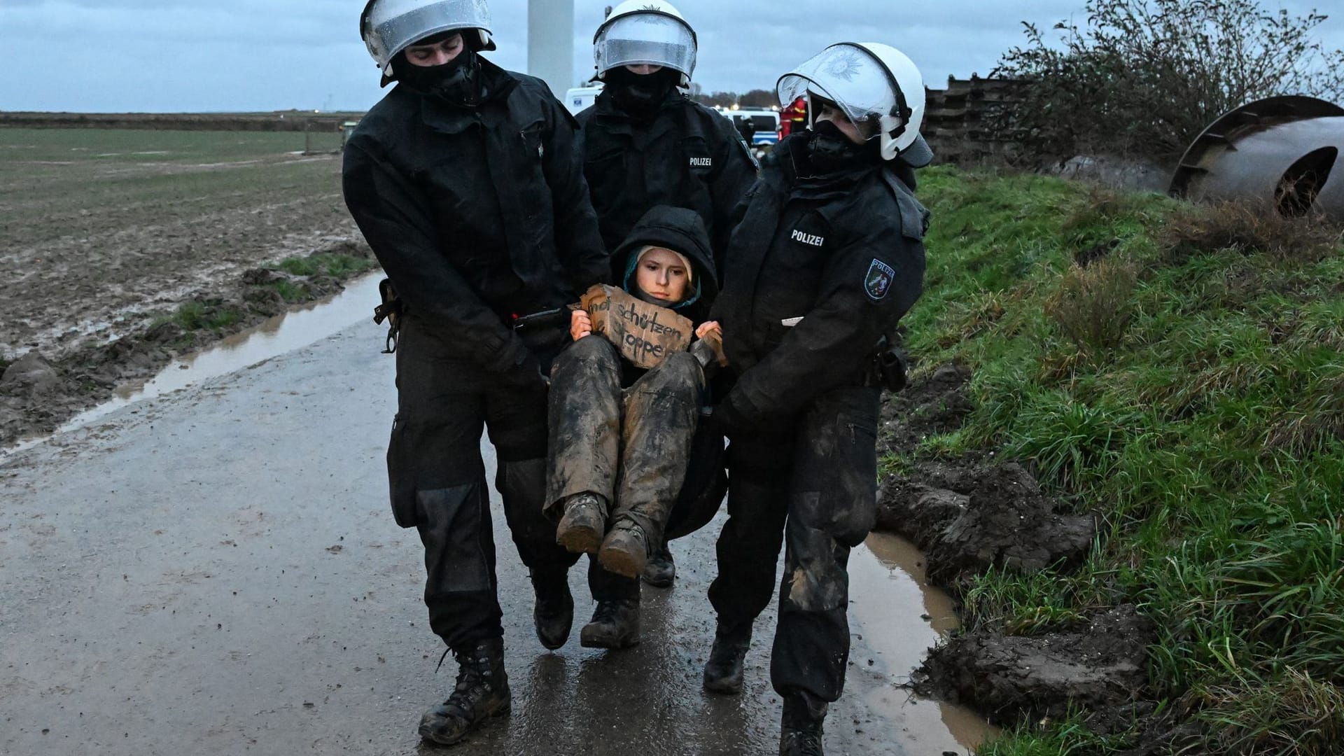 Umweltaktivistin Luisa Neubauer wird von Polizisten während einer Sitzblockade weggetragen.