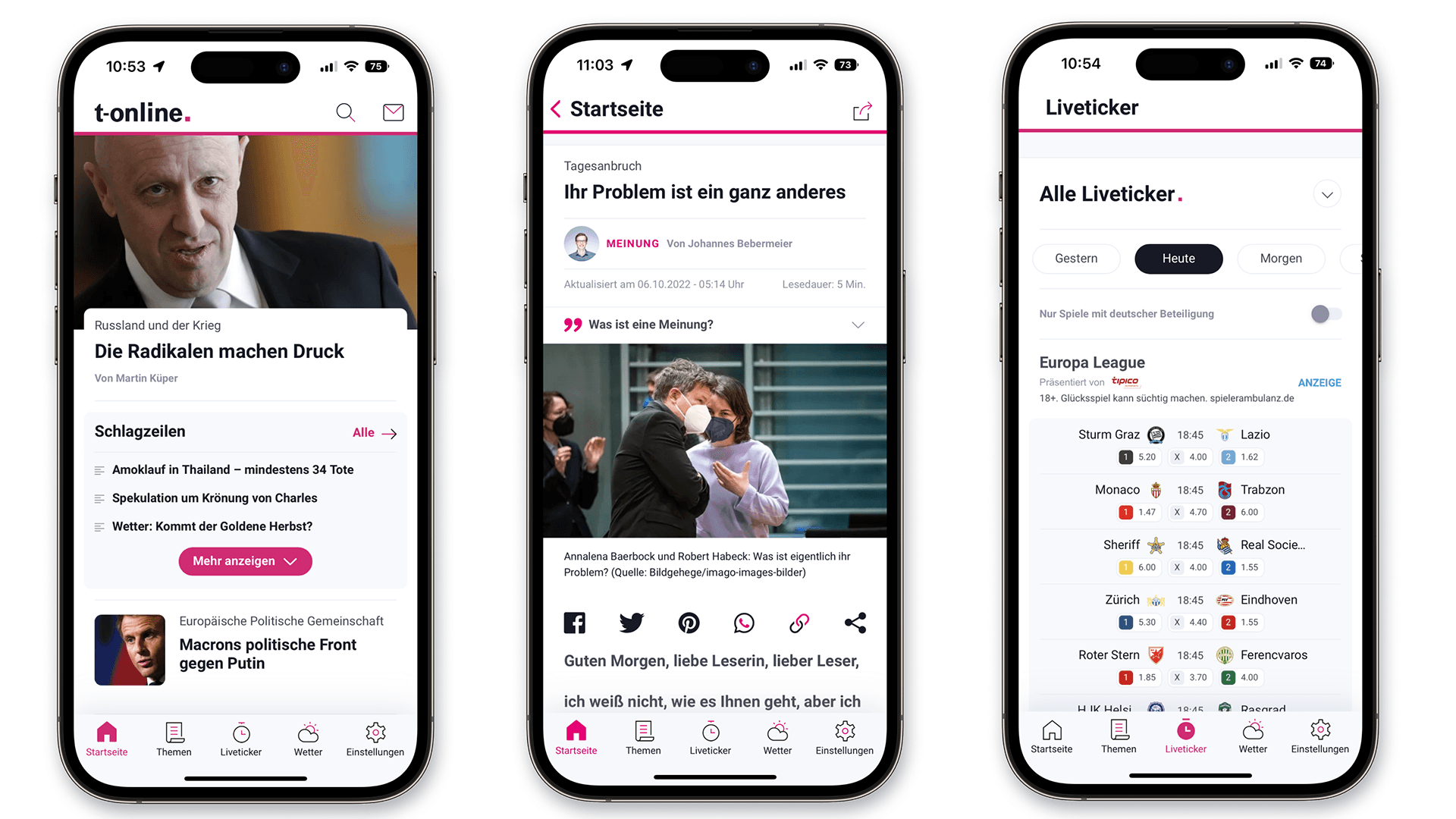 Die t-online App Startseite, der Tagesanbruch Newsletter von Chefredakteur Florian Harms und der Bundesliga Liveticker. (v.l.n.r.)