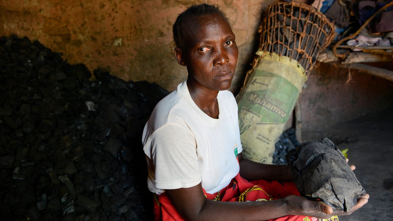 Armut in Sambia – eine Frau verkauft Holzkohle, um zu überleben. Quelle: Joerg Boethling/IMAGO)