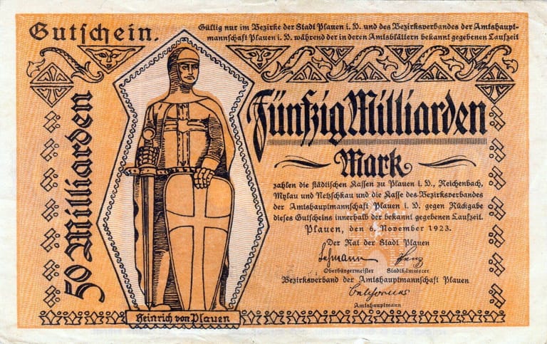 Deutsches Notgeld aus dem Jahr 1923. (Quelle: H.Tschanz-Hofmann/imago images) Deutsches Notgeld aus dem Jahr 1923.
