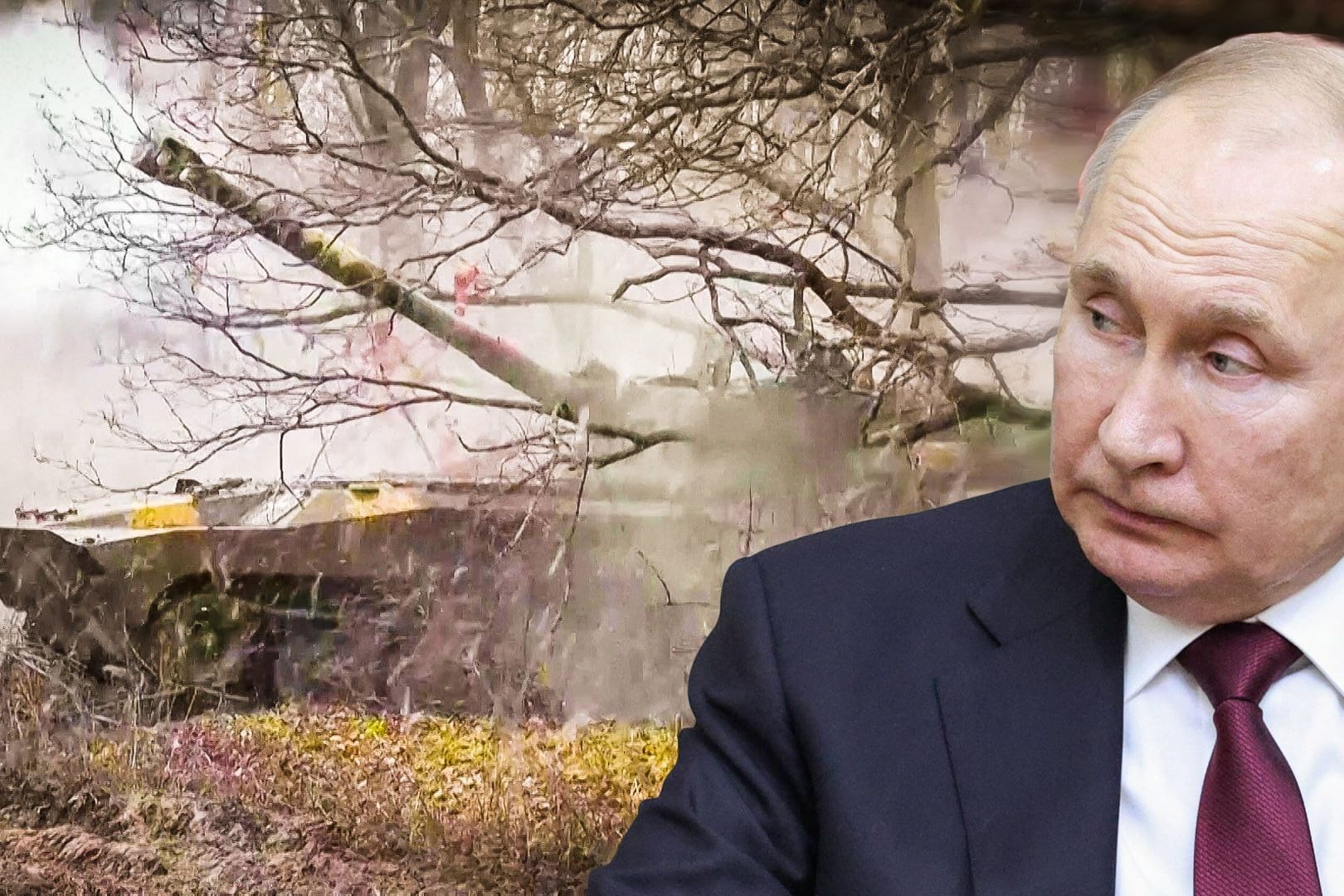 Ein ukrainischer Panzer schiesst. Collage mit Putin