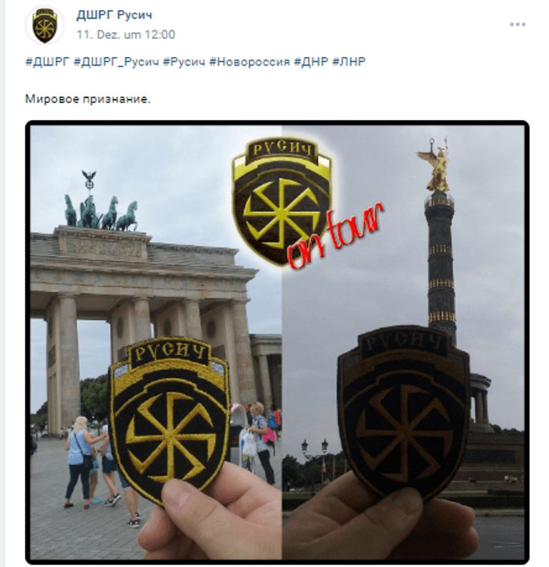 "Rusich on Tour": In einem Profil der Gruppe im russischen Netzwerk VF wurden die Fotos des Abzeichens mit dem achtstrahligen Hakenkreuz gepostet.