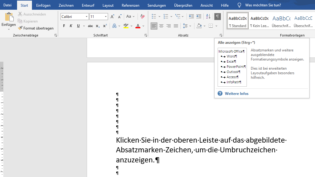 Über die Schaltfläche in der Startleiste lassen sich die Umbruchzeichen anzeigen.