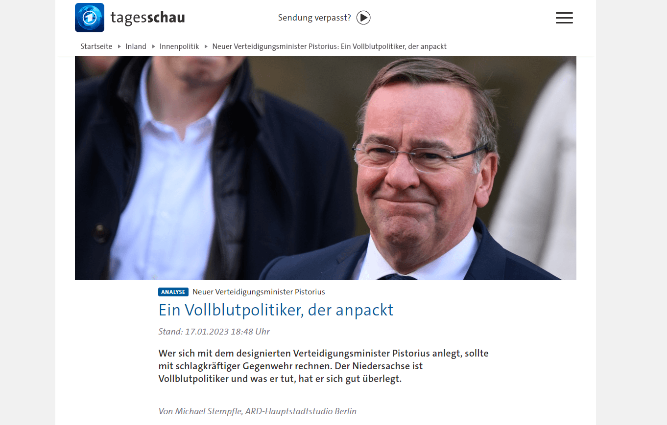 Analyse zu Pistorius' Ernennung zum Verteidigungsminister (Screenshot): Knapp eine Woche bevor Stempfle seinen Job als Sprecher im Ministerium antrat, berichtete er noch über Pistorius.