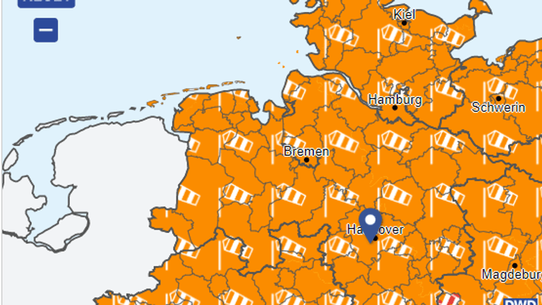 Die Karte des Deutschen Wetterdienstes (DWD) zeigt Warnstufe 2 für den gesamten Norden: Wetter-Experten warnen vor Sturmböen.