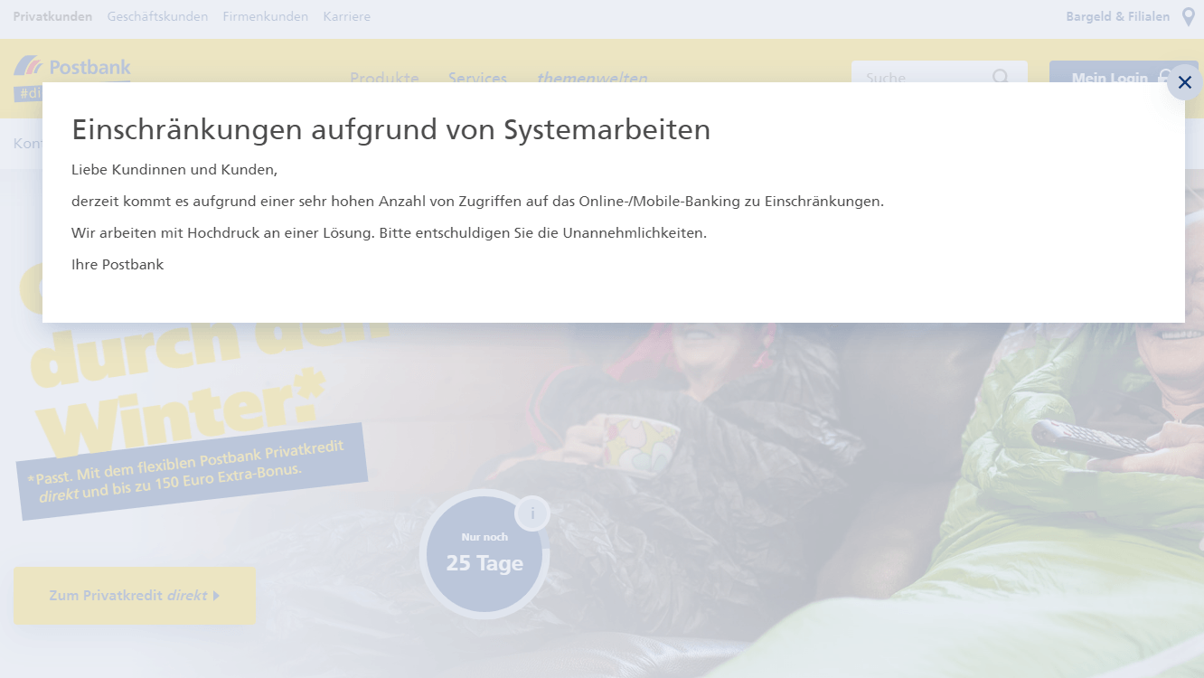 Diese Fehlermeldung bekamen Kunden in den vergangenen Tagen auf der Postbank-Webseite zu sehen.